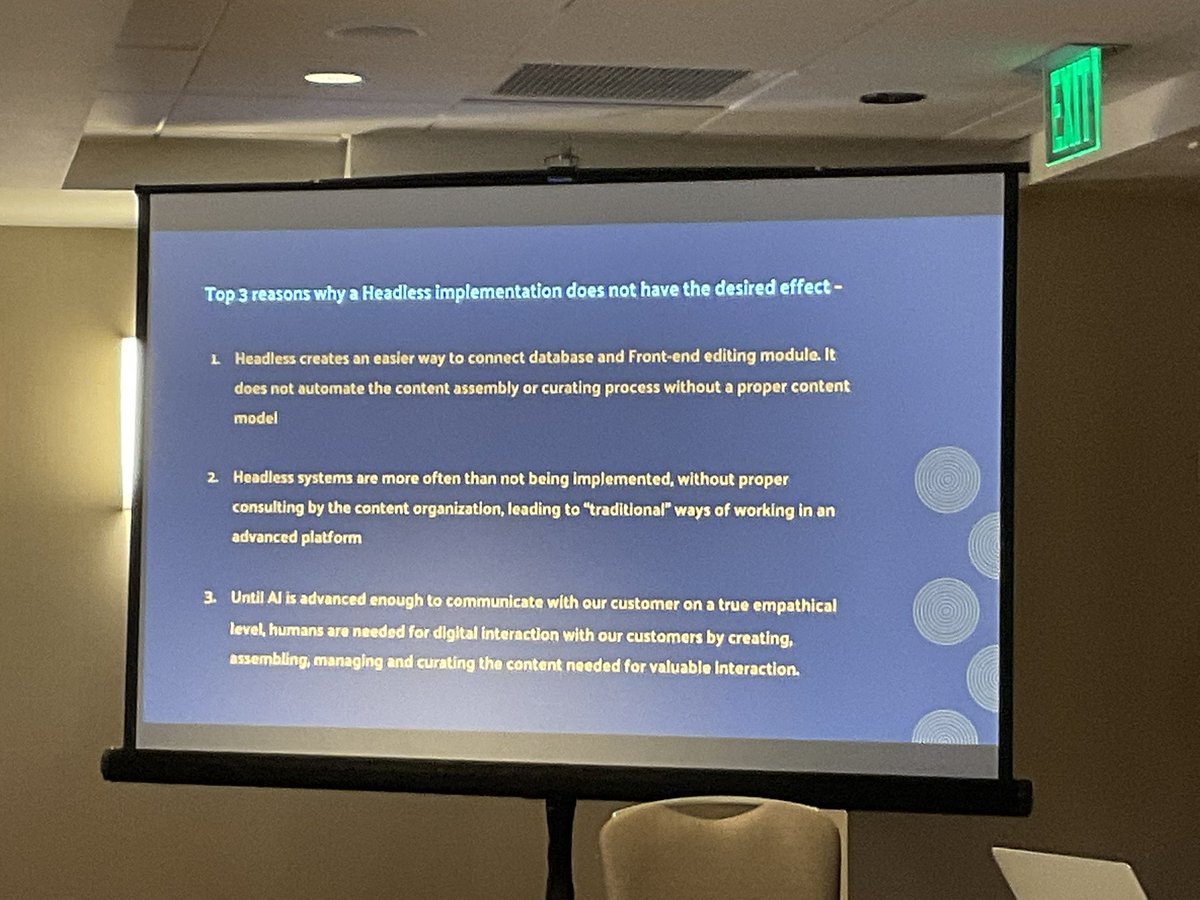 BuddyScalera's tweet photo. Tim Hanse of @CrossphaseNL speaking about the challenges of #componentcontent in headless systems at #contenttech.
#cmworld #contentmarketing #martech https://t.co/gOitVkyfVC