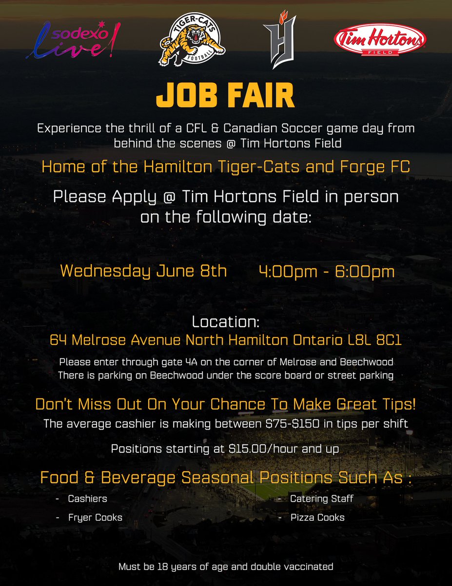 Experience the excitement of gamedays at Tim Hortons Field! @sodexo_live is hiring for various gameday roles at the stadium. Head to their job fair on Wednesday, June 8 to submit an application. 🗓: Wednesday, June 8 🕓: 4 p.m. - 6 p.m. #HamOnt