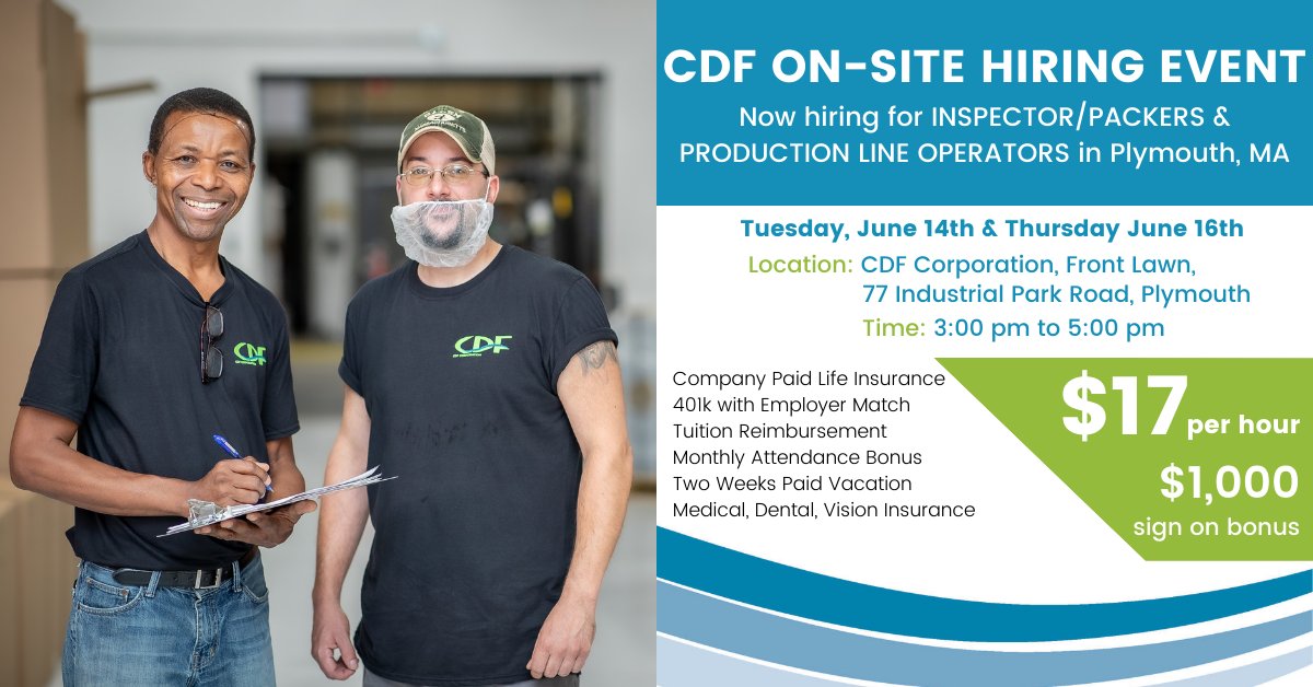 CDFCorp's tweet image. We're Hiring! 🎉🎉

Join us Tuesday, June 14th &amp;amp; Thursday, June 16th from 3:00 pm to 5:00 pm on the front lawn of 77 Industrial Park Road, Plymouth!
Starting pay of $17/hour with a $1,000 sign on bonus! 💰💰