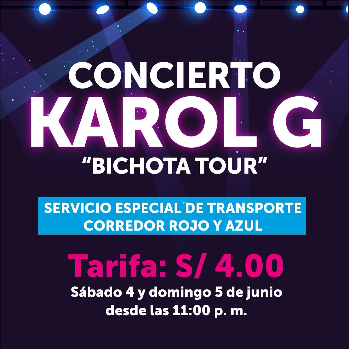 ATU_GobPeru's tweet photo. 🔊🎶 ¿Listo para recibir a la Bichota? 🤔 ¿Vas al concierto y no sabes cómo volver a casa? Tranquilo que, pensando en ti, lanzamos el servicio especial “El Makinón” 🚌  para facilitar tu retorno desde el Arena 1 en la Costa Verde. 
👉 Más información: https://t.co/CB9SGyK5fA https://t.co/T4rHuepOqA