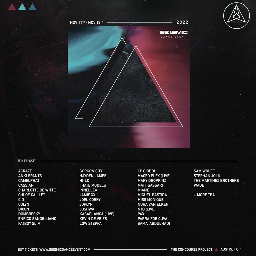 DΛILY BEΛT (@dailybeat) on Twitter photo The heart of texas returns with another stellar lineup of house and techno as <a href="/SeismicTX/">Seismic Dance Event</a> dropped Phase 1 of their 5.0 edition. 🌋🌊
More artists to be announced for Phase 2!
🎟 Tickets available to purchase at seismicdanceevent.com
#dailybeatmedia #seismicdanceevent #austin The heart of texas returns with another stellar lineup of house and techno as <a href="/SeismicTX/">Seismic Dance Event</a> dropped Phase 1 of their 5.0 edition. 🌋🌊
More artists to be announced for Phase 2!
🎟 Tickets available to purchase at seismicdanceevent.com
#dailybeatmedia #seismicdanceevent #austin
