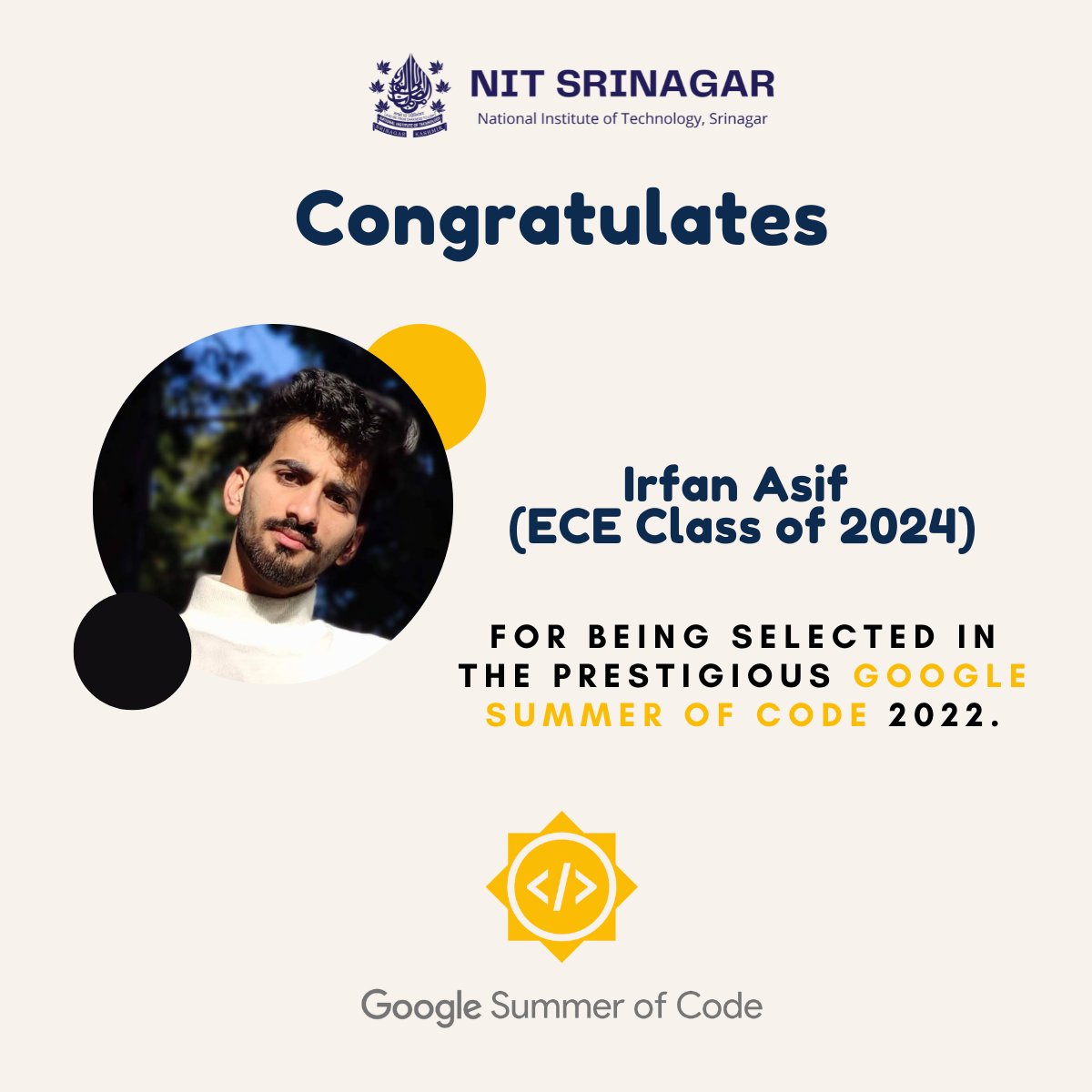 nitsriofficial's tweet photo. NIT Srinagar congratulates Irfan Asif (ECE Class of 2024) for being selected in the Prestigious Google Summer of Code 2022. 

Irfan will be working on an integration that will bring the support of Figma right into https://t.co/CZyp47Y5Xr using https://t.co/CZyp47Y5Xr Apps. https://t.co/Os81VDZq4U