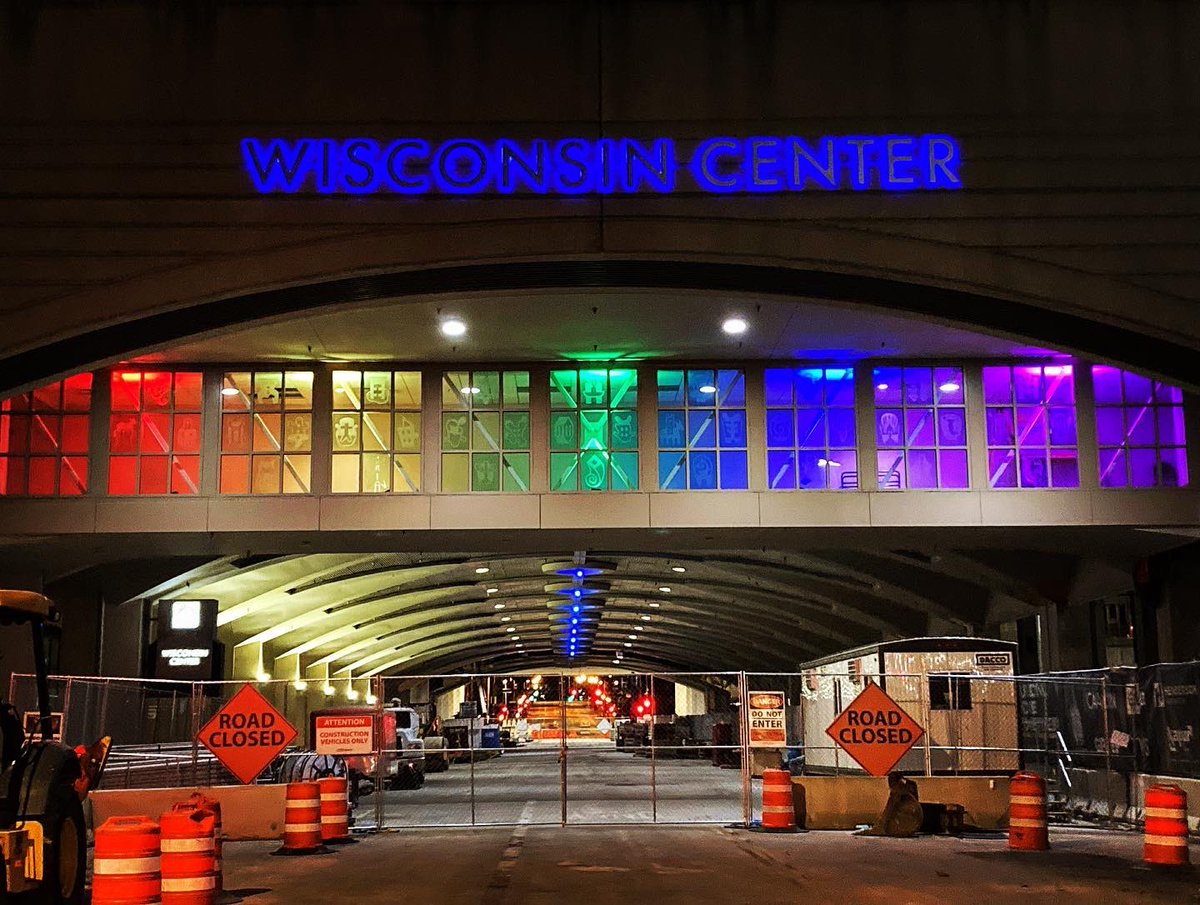 BairdCenter's tweet photo. June is Pride Month and the Wisconsin Center is lit up in rainbow colors to celebrate LGBTQ pride. Happy Pride! #pridemonth #BuildingMorePride https://t.co/aAbT4YiLEp