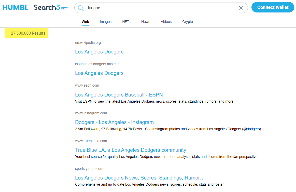 kevinconnor's tweet image. Yesterday Dodgers yielded 12 results on #search3...today, a couple more...and no bing deal🕶️

$HMBL #web3 front door