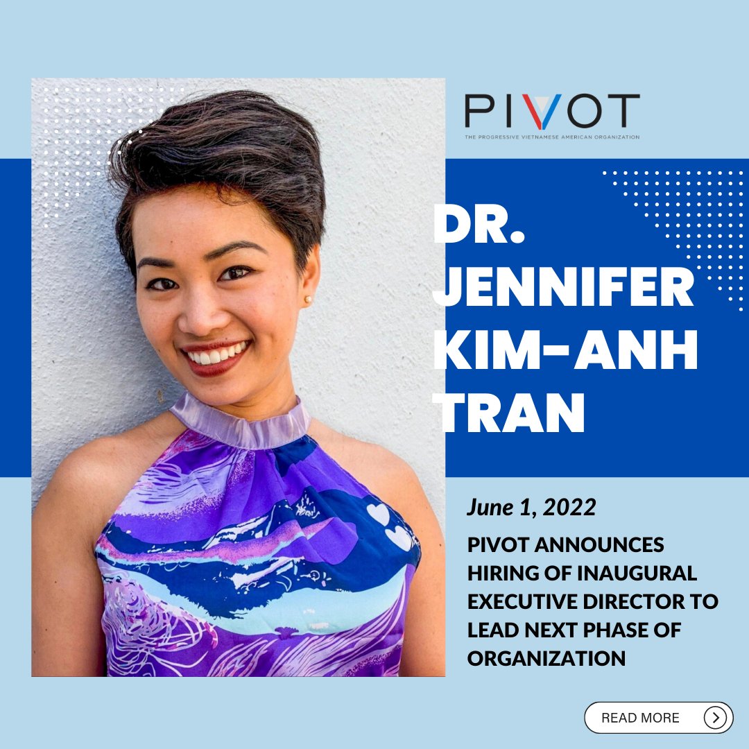 PIVOT is excited to announce the hiring of our first Executive Director Dr. Jennifer Kim-Anh Tran!

We couldn't have a better person to lead us into the next phase of our development to fight for a just and diverse America.

More info on Dr. Tran here:
pivotnetwork.org/news/2022/6/2/…