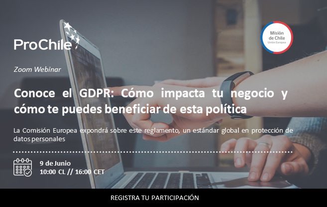 Te invitamos al webinar sobre el “Reglamento General de Protección de Datos” (#GDPR) de la UE 🇪🇺  presentado por <a href="/EU_Justice/">EU Justice</a> y co-organizado por <a href="/ProChile/">ProChile</a> y <a href="/MisionChileUE/">Misión de Chile ante la Unión Europea</a>

📅: jueves 9 de junio
⏱: Horario: 10:00 (Chile)/ 16:00 (CEST)

Inscripciones: forms.office.com/r/8d9USKzwXS