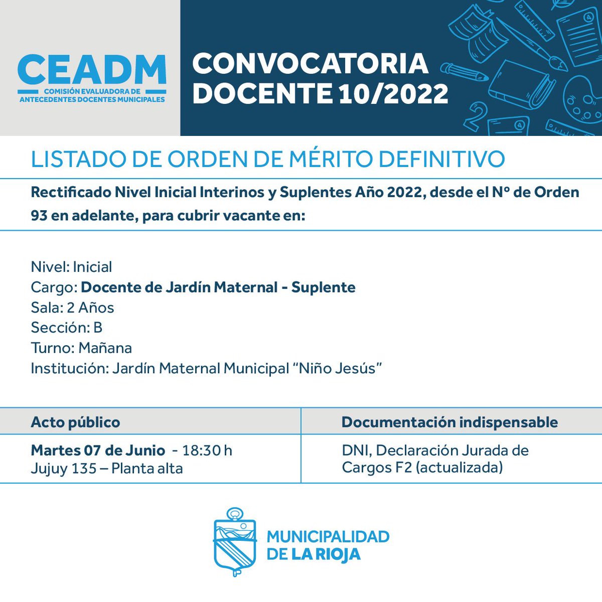 municipalidadlr's tweet photo. 🗣️Se abre la convocatoria de docentes para cubrir vacantes en el nivel inicial y primario.

 📌Para postularse, los interesados pueden concurrir este 7 de junio a las 18:30, en calle Jujuy 135 con su DNI y declaración jurada de cargo F2.

#Docentes #Educación #Oportunidad https://t.co/haC0OU6o6P