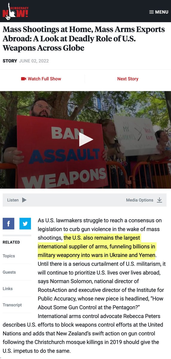 Democracy Now does the unthinkable and notes the superficiality of the US "gun control" debate, which steadfastly ignores the role of the US as the world's leading arms exporter -- including the current policy of pumping enormous amounts of guns and other weapons into Ukraine