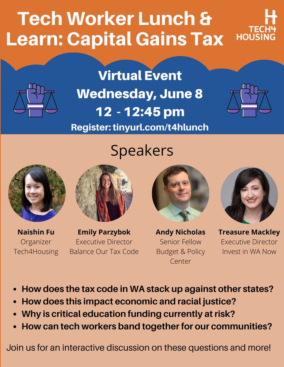 InvestWANow's tweet photo. Join us next Wed for Tech Worker Lunch &amp; Learn: Capital Gains Tax! A perfect chance to learn about WA's tax code, how taxes impact justice, &amp; how tech workers can stand for our communities. With @tech4housing @BalanceTaxCode &amp; @budget_policy  Register: https://t.co/b6NEKgIjF3 https://t.co/BLSyDah7XI