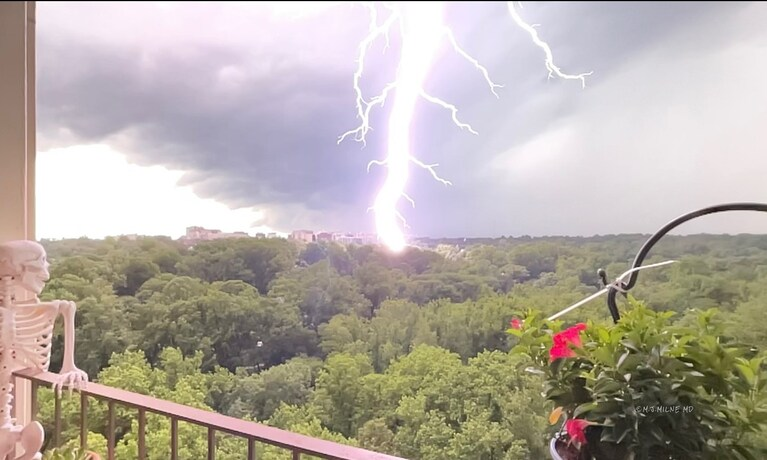 capitalweather's tweet photo. Crazy picture of lightning photographed from 17th floor balcony in Parkside Plaza off Sligo Creek Parkway in Silver Spring earlier. The skeleton approves.
 📷Milton Milne https://t.co/Sek2Z8PFJ9
