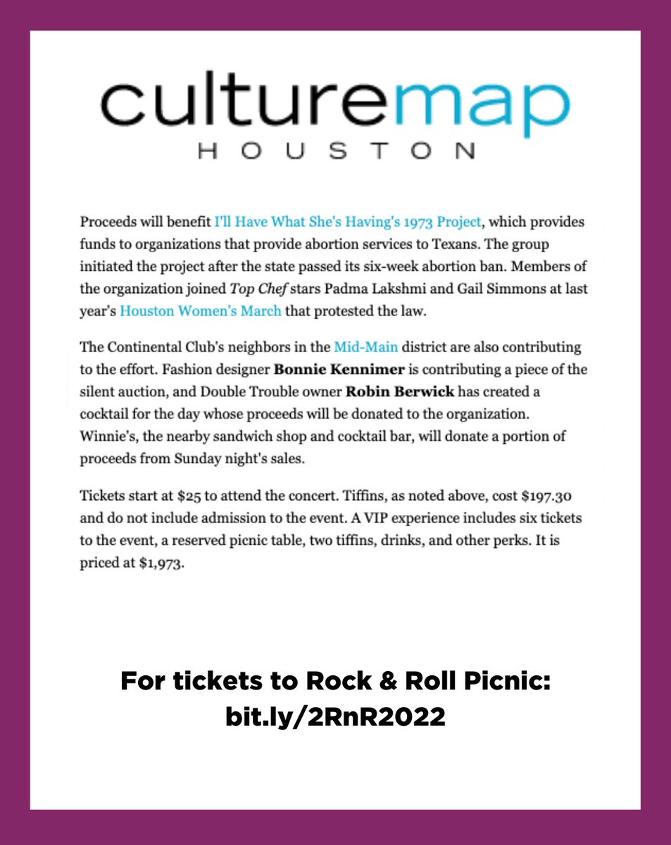 "Intended to be an annual event, the Rock &amp; Roll Picnic features food prepared by some of Houston's top chefs that's meant to be enjoyed while listening to music by female-led bands."Thank you <a href="/esandler/">Eric Sandler</a>  and <a href="/culturemap/">CultureMap Houston</a>. 
houston.culturemap.com/news/restauran…