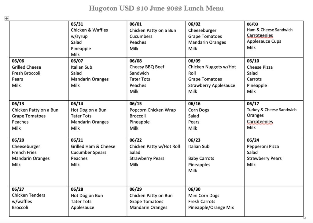 Summer Food Service Program
June Menus