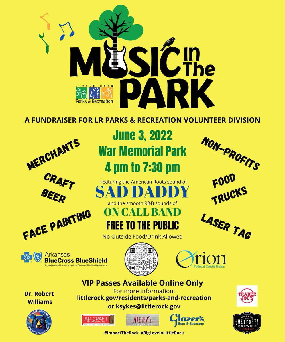 CityLittleRock's tweet photo. Join the On Call Band &amp; Sad Daddy for Music in the Park at War Memorial Park on June 3rd from 4 to 7:30 pm. Proceeds benefit the Adopt-A-Park, Flowerbed and Trail program &amp; the Volunteer &amp; Jr. Park Ranger programs. VIP tent access can be purchased online for $40. #ImpactTheRock https://t.co/ALojNPRb9W