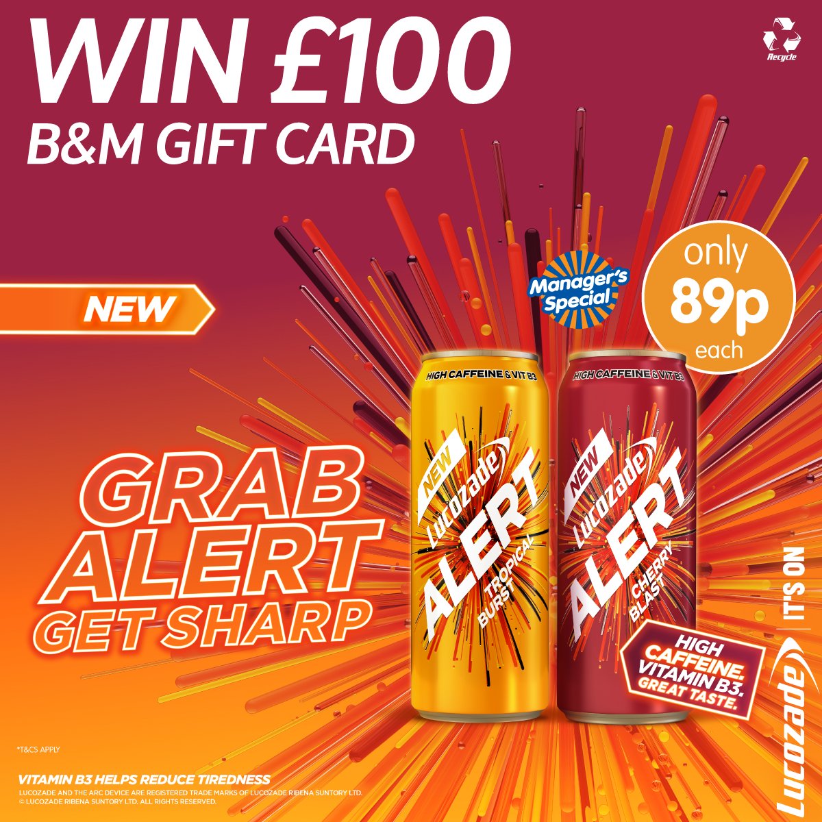 bmstores's tweet photo. 🍒#COMPETITION TIME- ENDS SATURDAY🍍

We've teamed with @LucozadeEnergy to celebrate the launch of their brilliant new #Alert drink, with Vitamin B3!

For a chance to #WIN a £100 B&amp;M Gift Card, simply

1) FOLLOW US
2) RT
3) COMMENT #TropicalBurst or #CherryBlast!

Ends 9am 4/6/22 https://t.co/X2gZmqO0rV