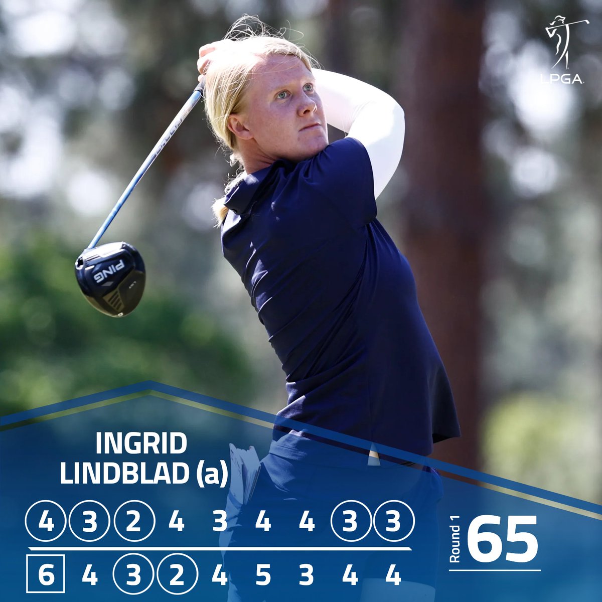 LPGA's tweet photo. History from @iingridlindblad! 👏

The Swedish amateur finishes with a first round 65, the lowest 18-hole score by an amateur in @uswomensopen history. https://t.co/WqYX0AU36D