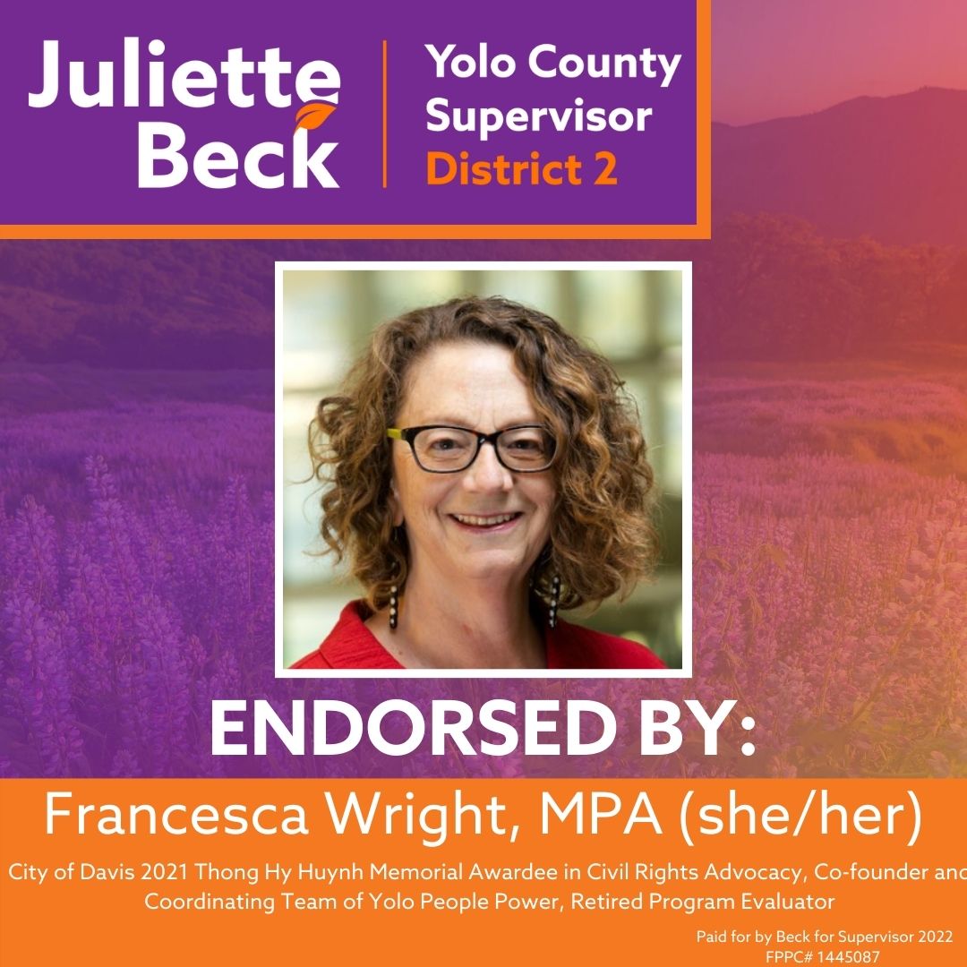"I endorse Juliette Beck for Yolo County Supervisor. Juliette is driven to address local climate resilience and racial and economic justice...Her experience and vision in economic development and local policy is what we need now."
#electbeck #davis #Elections22 #california #june7