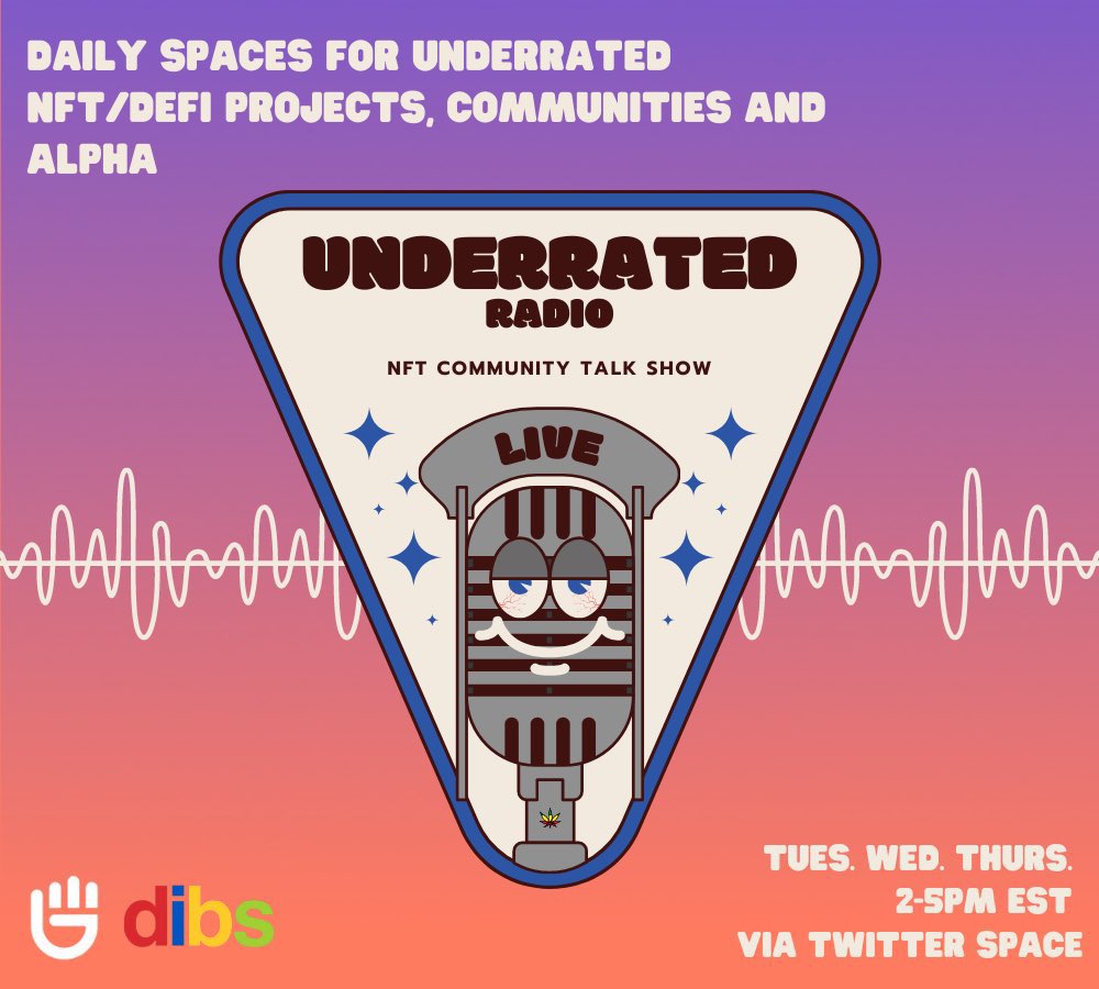 TUNE INTO EP. 9 OF UNDERRATED RADIO! TODAYS FOCUS WILL BE WOMEN IN #NFTs 🙋‍♀️🎨

SPONSORED BY <a href="/meta_collect/">META COLLECT</a> AND <a href="/GotDibsProject/">GotDibsProject $DIBS 🎟</a> 

Set a reminder for my upcoming Space! x.com/i/spaces/1OwxW…