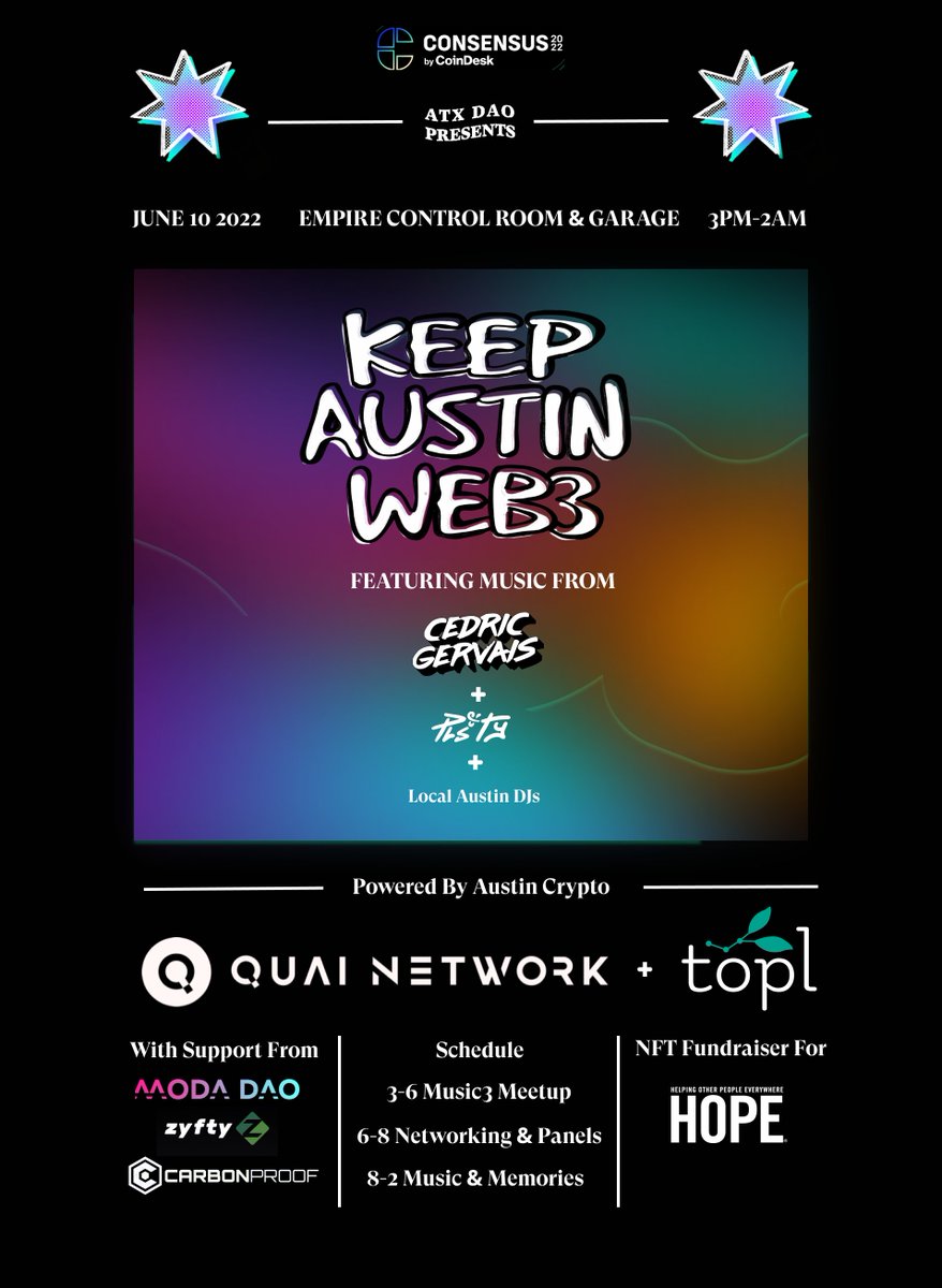 ATXDAO's tweet image. 🌟KEEP AUSTIN WEB3🌟

Featuring: 
💥 @CedricGervais 💥
🪩 @plsandtybased 🪩
🤠 Local Austin DJs 🤠

‣ Friday, June 10th | @EmpireATX 
‣ @moda_dao music3 meetup
‣ @HopeCampaign NFT fundraiser

Powered by @QuaiNetwork, @topl_protocol &amp;amp; more

atxdao.com/rsvp