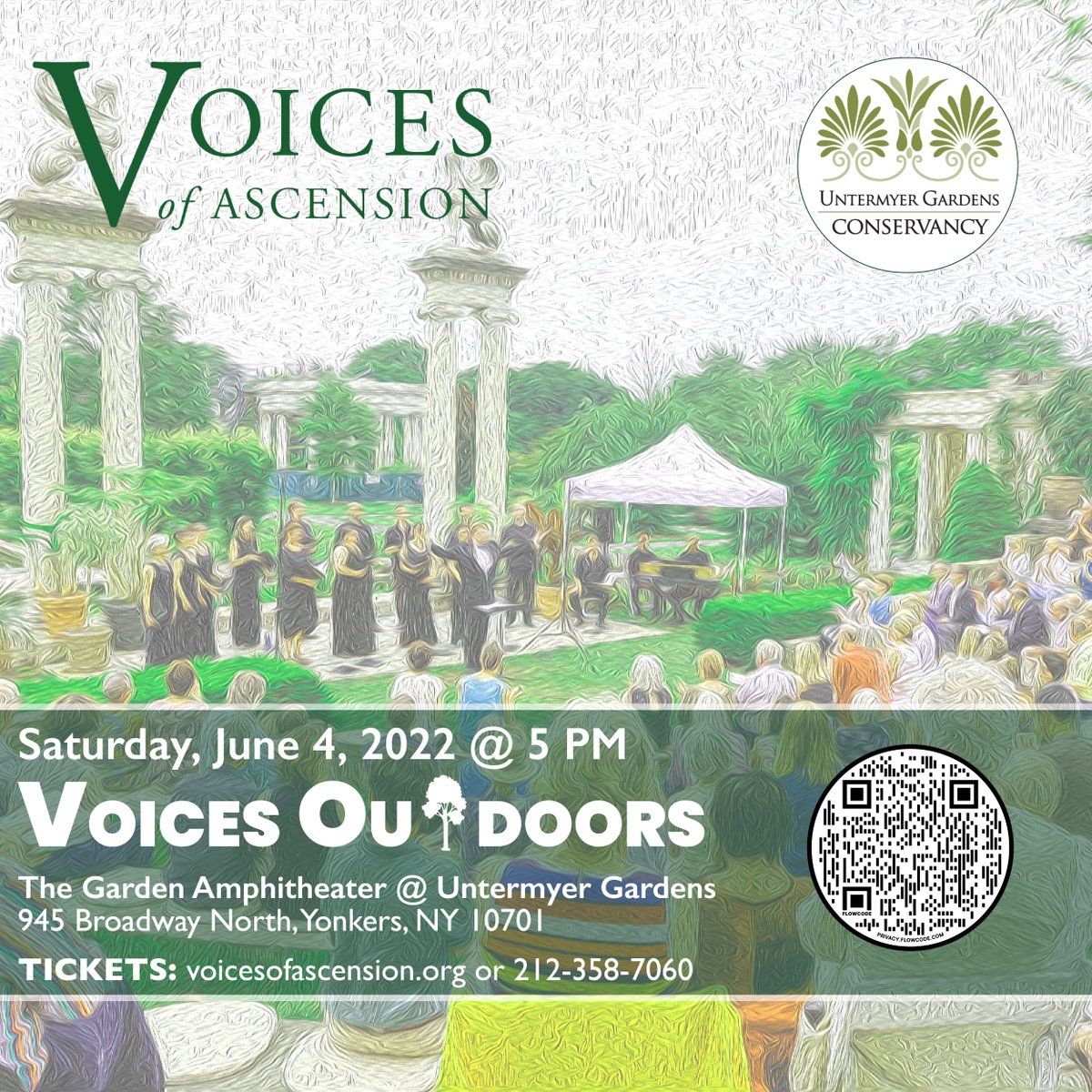 Tickets are still available for this Saturday's Voices Outdoors at Untermyer Gardens! 

We are now offering a discount code for $25 tickets for our Twitter followers. Head over to voicesofascension.org and enter the code FB25 at our box office to get the discount.