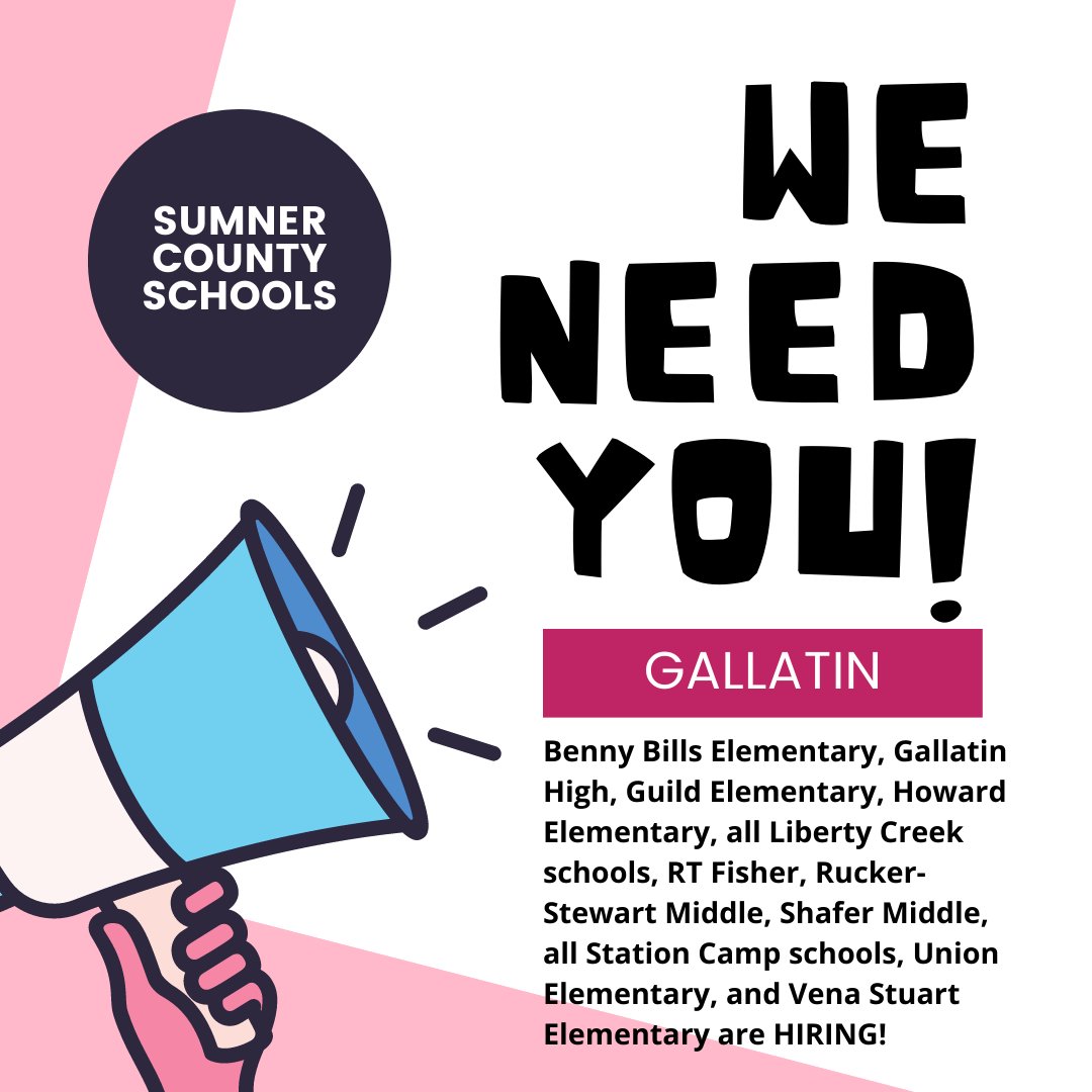 Attention Gallatin! We are hiring both certified teachers AND classified staff! Check out our job board here: sumnerschools.org/careers
#nowhiring #greaternashville #gallatin #sumnercounty #education #educationjobs