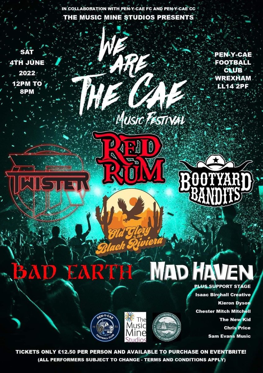 #wearethecae #music #festival is so close we can almost taste it!
A #saturday full of #livemusic at @penycaefc1 featuring @wearetwister @RedRumUk @BootyardB @madhavenband and Bad Earth!✌️
Tickets: eventbrite.co.uk/e/we-are-the-c…
#guitar #bass #drums #vocals #band #rock #RockAndRoll #live