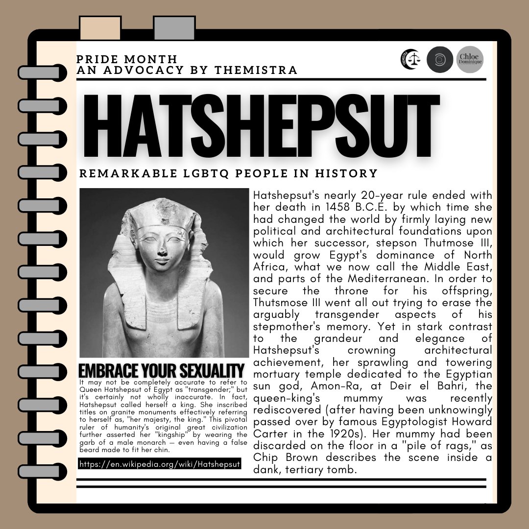 seraphimsieg's tweet photo. PRIME LGBTQ+ PEOPLE DAILY (#2)
An advocacy by Themistra
—

More information about this person ⬇️
https://t.co/mqk5WGJ2m9

Sign this petition ⬇️
https://t.co/270TTf8qNh

#PrideMonth
#LGBTQ+
#History
#Hatshepsut
#FightForYourPride
🏳️‍🌈☮️ https://t.co/I4W0xOjLXI