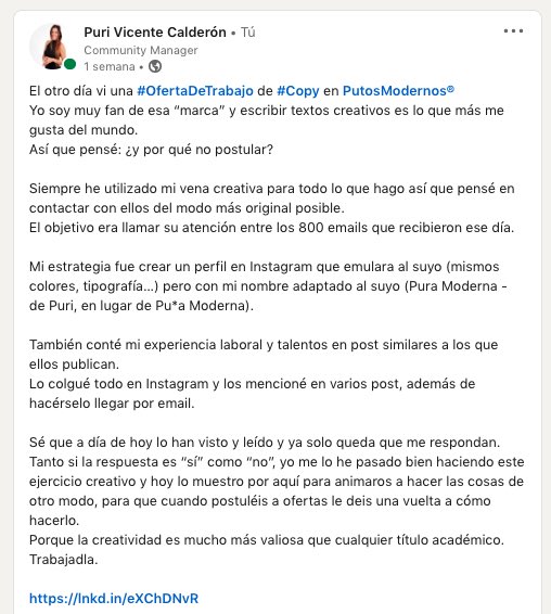 purivicente's tweet photo. El 12 de mayo postulé a una oferta de copy creativo jr para @putosmodernos 
El 27 de mayo, cuando ya sabía que habían visto mi propuesta, colgué mi idea en Linkedin para estimular a la gente a ser más creativos cuando busquen trabajo.
Una semana después ese post de Linkedin https://t.co/0chXNHOgVL