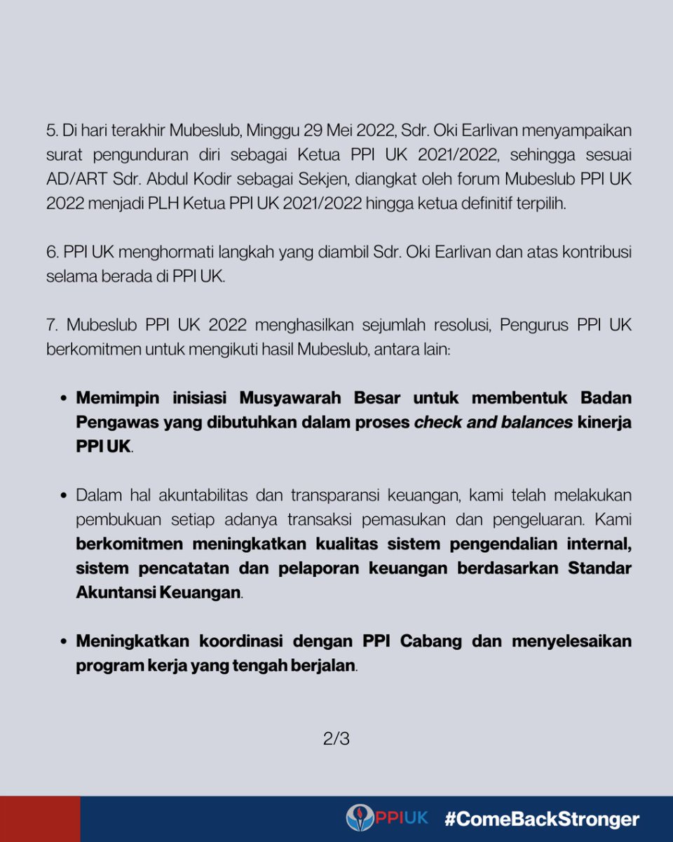 PPIUKofficial's tweet photo. Pernyataan resmi PPI UK 2021/2022 terkait perkembangan dinamika organisasi.

Pernyataan resmi selengkapnya dapat dibaca di tautan 
https://t.co/JSQSnS1dSJ
Kamis, 2 Juni 2022 #PPIUKComeBackStronger https://t.co/WDiBxBgLv2