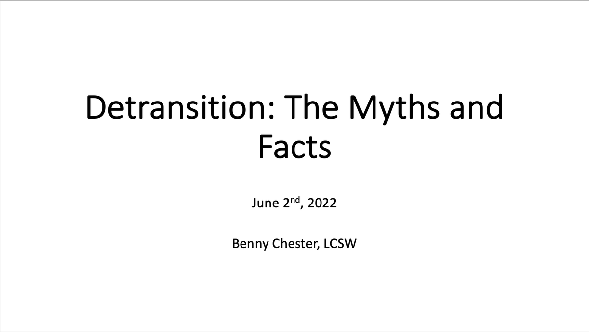 A great presentation for #Transgender Health: Comprehensive Approaches in Primary care @ECHO_Colorado by Benny Chester, LCSW.  This module is titled Detransition: The Myths and Facts. #genderaffirminghealthcare #genderaffirming 
@MicolRothman @Sean4Endo @CUAnschutz @uchealth