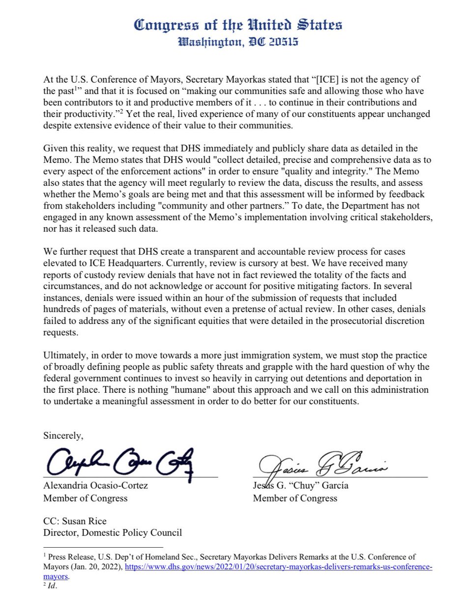 RepAOC's tweet image. Today, with @RepChuyGarcia and 27+ members, we asked ICE to publicly release the immigration enforcement data it committed to collecting.

To move towards humane immigration policies, DHS also needs to engage community members and provide a transparent review process for cases.