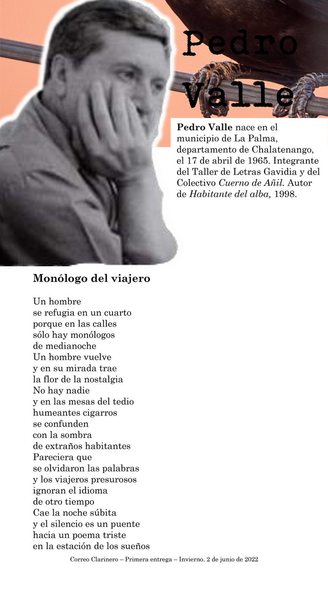 CClarinero's tweet photo. #CorreoClarinero
#IEntrega #Año2
#LiteraturaSalvadoreña
#PoesíaSalvadoreña
#PedroValle #PoetasdeChalatenango
#Junio2022 https://t.co/KtGCcVPMjp