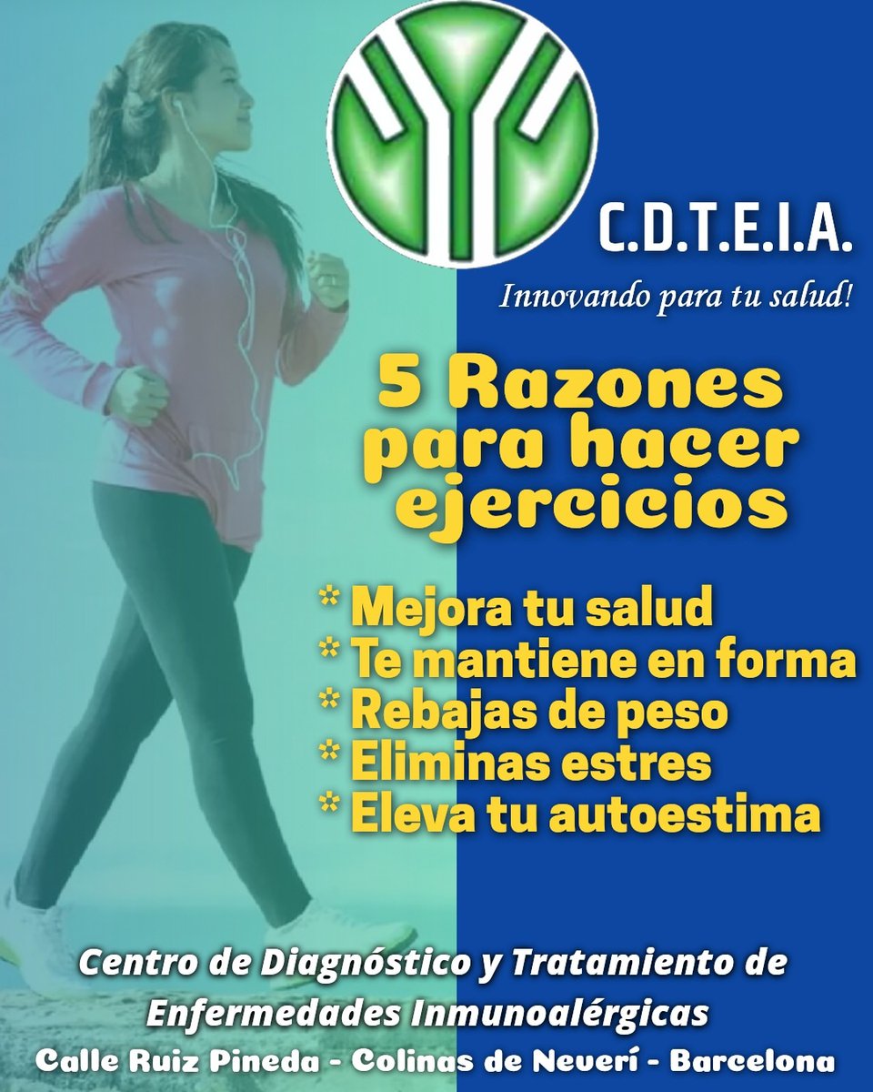 CDTEIACentro's tweet photo. Hay muchas razones para hacer ejercicios, hoy te traemos 5 de ellas.  Diagnóstico y Tratamiento de Enfermedades Inmunoalérgicas. @CDTEIACentro  0424 8684410  #InnovandoParaTuSalud #Laboratorio #Lecheria #Barcelona #PuertoLaCruz #Perfil20 #Ejercicios https://t.co/lfmV6fEf40