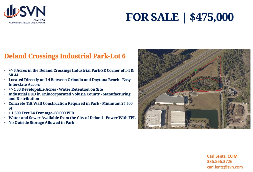 SVNAlliance's tweet photo. FOR SALE - 
+/- 6 Acres in Deland Crossings Industrial Park!
#land #industrial #forsale https://t.co/PzRbPtlkoN