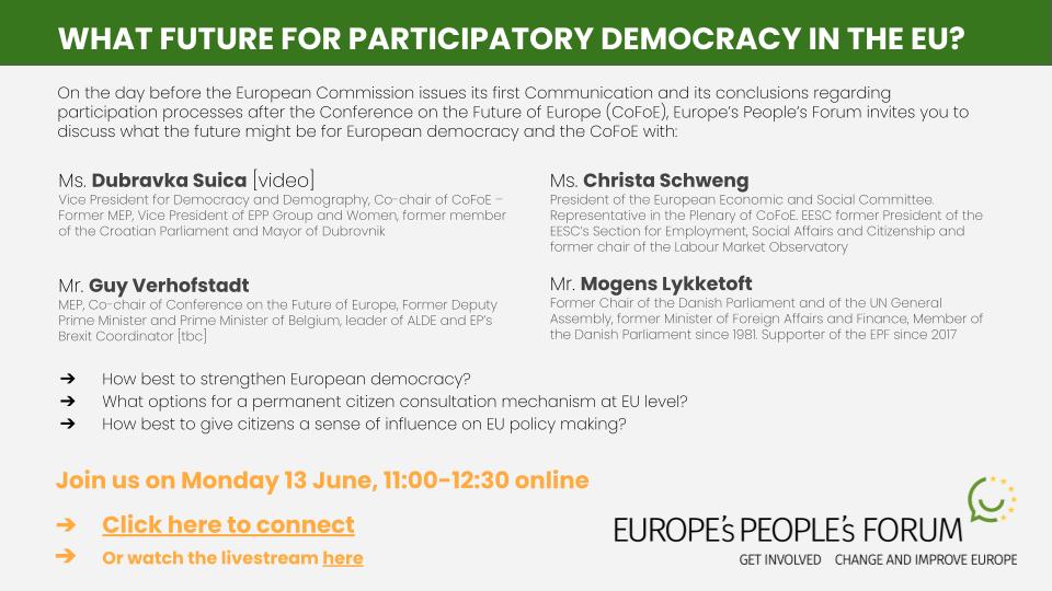 Follow this high level discussion about the future of participatory democracy in #Europe hosted by <a href="/StephenBoucher/">Stephen Boucher</a>  and learn about the <a href="/EU_Commission/">European Commission</a>'s first conclusions and follow up to the <a href="/CoFoEU/">@CoFoE</a> #CoFoE 
Best regards Bent Nørby Bonde <a href="/EUsPeoplesForum/">EU's People's Forum</a>