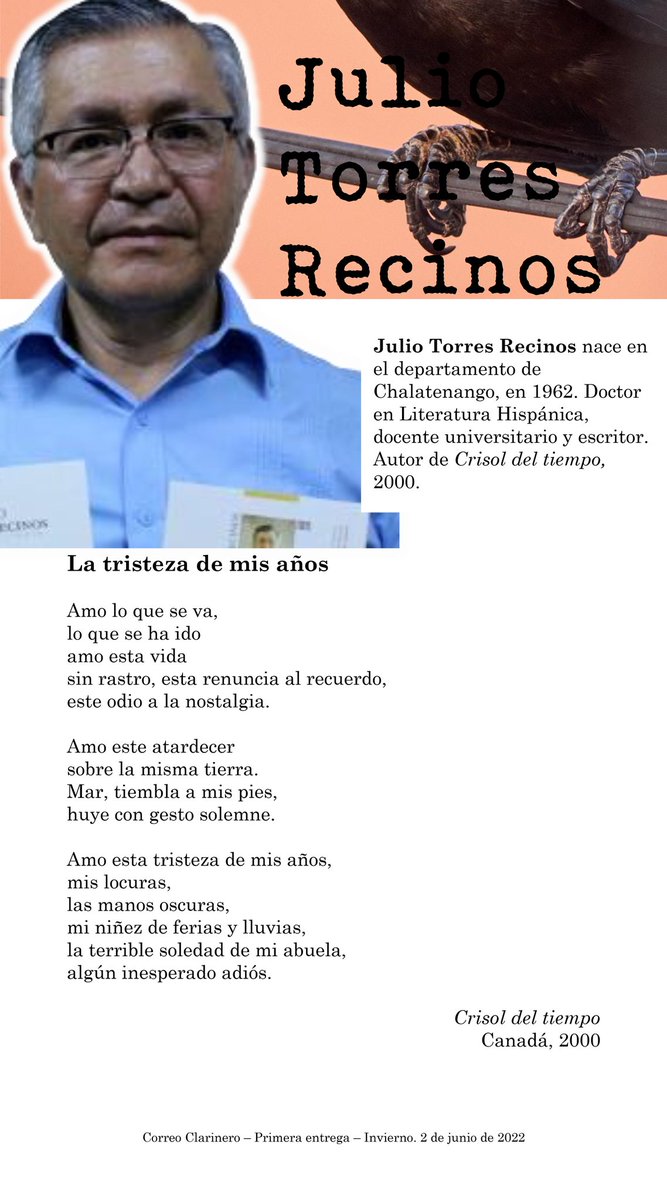 CClarinero's tweet photo. #CorreoClarinero
#IEntrega #Año2
#LiteraturaSalvadoreña
#PoesíaSalvadoreña
#JulioTorresRecinos
#PoetasdeChalatengo
#Junio2022 https://t.co/f2ZeSFKNGC
