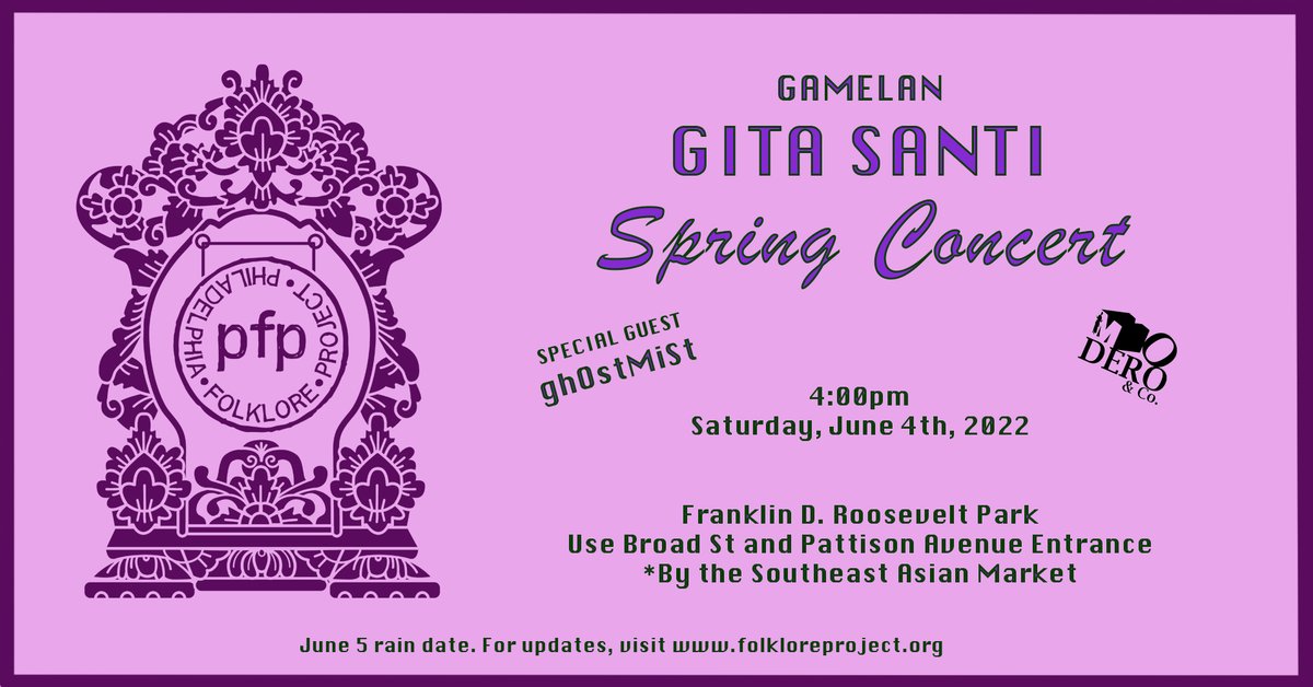 Live #MUSIC, #DANCERS, &amp; the beat of those #GONGS!!! It's time for #GamelanGitaSanti's Spring Concert!

After the performance, check out the South Asian Market, happening nearby. Food, Music, Dancing! What else could you ask for?
fb.me/e/4Fje2znJR

<a href="/Sintastorms/">Sinta Penyami Storms</a> <a href="/FDRpark/">FDR Park (The Lakes)</a>
