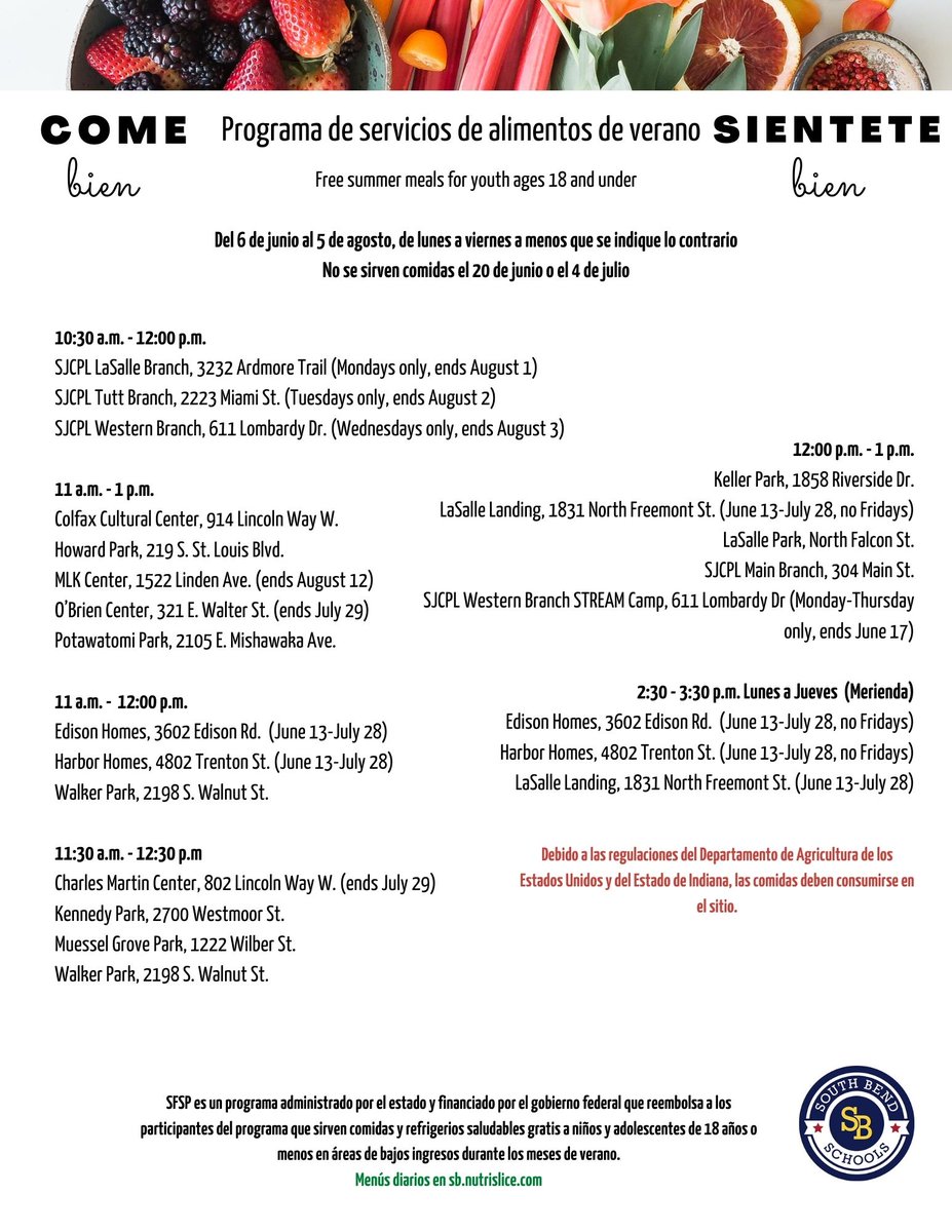 .<a href="/SouthBendCSC/">South Bend Schools</a> will offer meals through the Summer Food Service Program - a federally-funded, state-administered program to serve meals &amp; snacks to children and teens ages 18 &amp; younger over the summer. <a href="/USDA/">Dept. of Agriculture</a> <a href="/EducateIN/">Indiana Department of Education (IDOE)</a> ow.ly/LR9O50JosNi