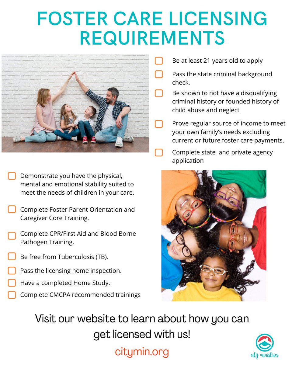 CMCPAFosterCare's tweet photo. Are you interested in becoming a licensed foster parent and aren't sure if you meet the requirements? Please review the minimum foster care licensing requirements for getting licensed with Washington state &amp; City Ministries CPA here. https://t.co/ijd1XUG8nQ