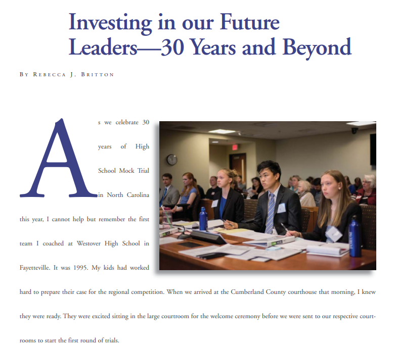 We're grateful to the <a href="/NCStateBar/">NC State Bar</a> for highlighting in its Summer 2022 Bar Journal a terrific article by our Board President, Rebecca Britton <a href="/BrittonLawFirm/">Maginnis Howard Fayetteville</a>, discussing 30 years of high school #mocktrial in NC! Read it here: bit.ly/3tbZnru