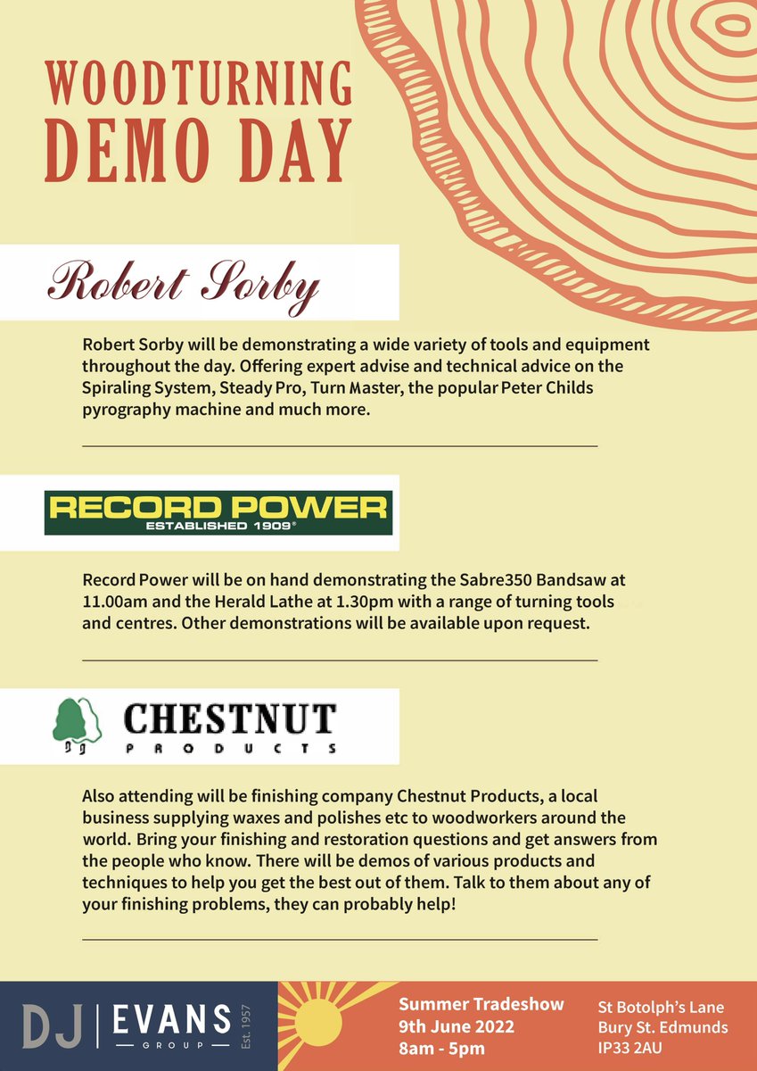 Woodturning Demo Day at our Summer Tradeshow! 🌞
On the 9th of June, we are also hosting an exciting woodturning event with three of the biggest names offering demonstrations, discounts, and expert advice.
<a href="/RobertSorby/">Robert Sorby</a> <a href="/RecordPower/">Record Power</a> @chestnutproducts
