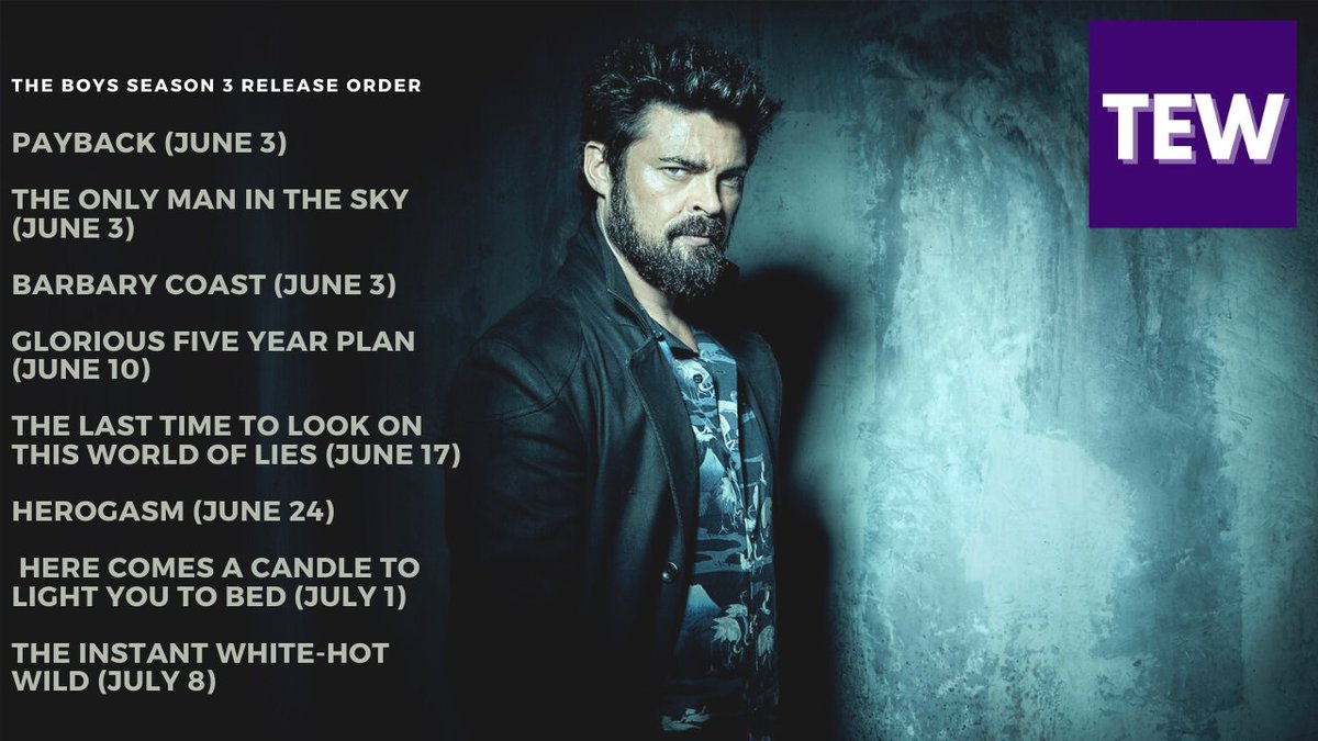 The first three episodes of #TheBoysSeason3 premiere tomorrow on <a href="/PrimeVideo/">Prime Video</a>.
Check out the full schedule below.
<a href="/JackQuaid92/">Jack Quaid</a> <a href="/JensenAckles/">Jensen Ackles</a> <a href="/antonystarr/">𐌀</a> <a href="/KarlUrban/">Karl Urban</a> <a href="/TheBoysTV/">THE BOYS</a> #jackquaid #JensenAckles #erinmoriarty #TheBoys #TheBoysPremiere #news