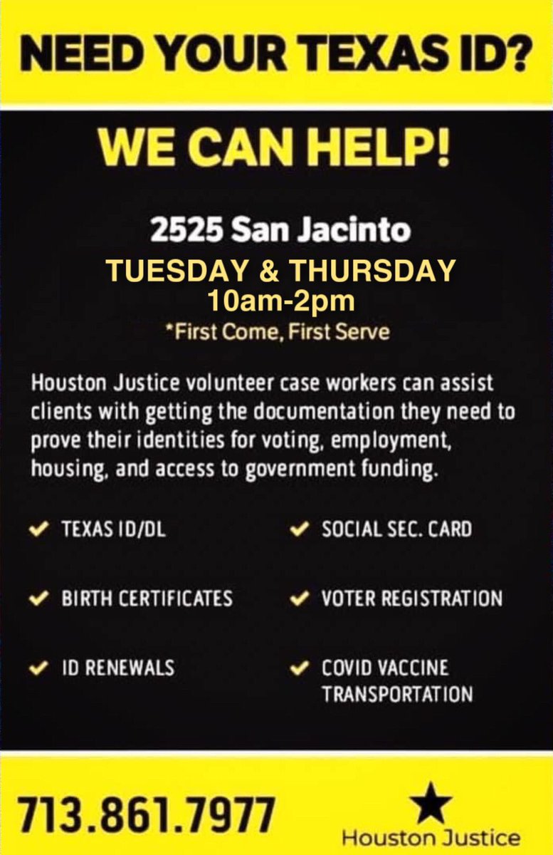 HoustonJustice2's tweet photo. We’re here TODAY to help with your driver’s license,ID, voter registration and more!! #HoustonJusticeCoalition can help! https://t.co/3gDLz54nly