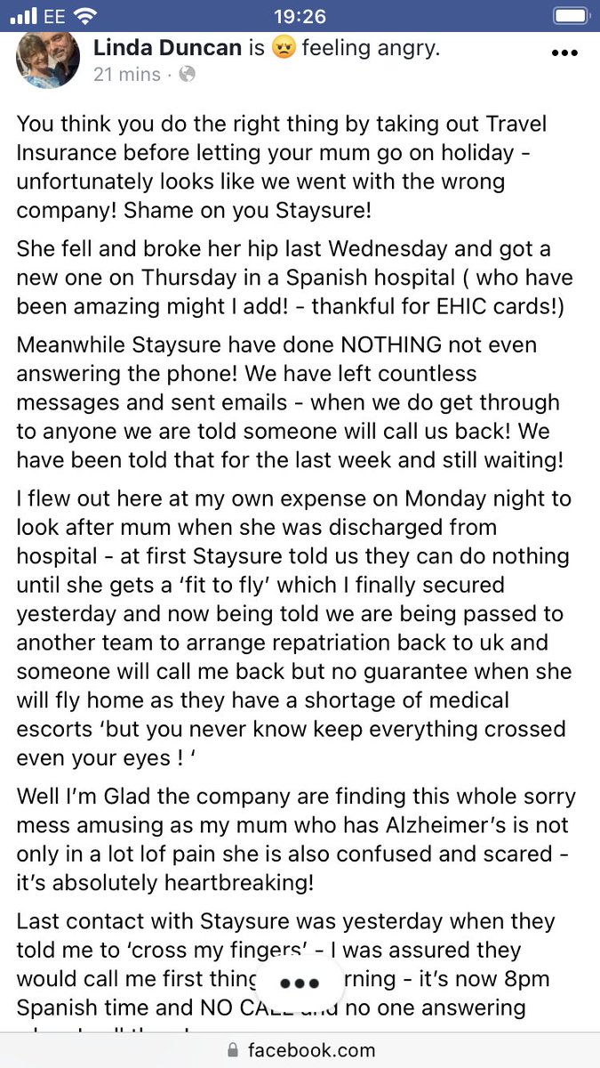 MrsHEnglish's tweet photo. @staysure my lovely aunt stuck in Spain. This is her daughter’s post. Family are worried sick and the response from Staysure 😱 https://t.co/oawoZveTVL