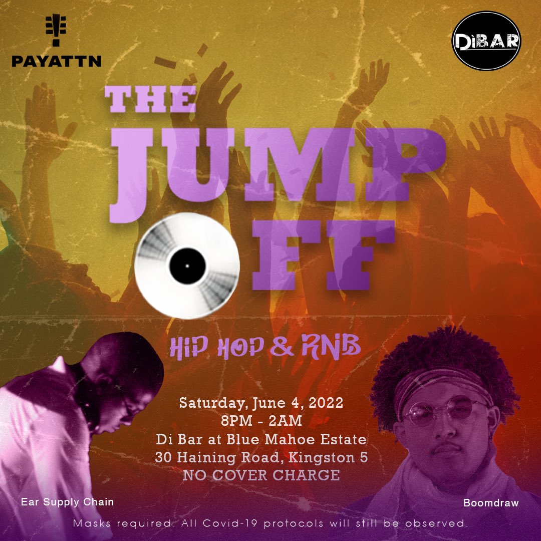 BoomdrawOfFizix's tweet photo. This Saturday @TheJumpOffJA returns for a night of Hip-hop & R&B. I'll be DJing alongside @joeeast357. No cover charge. 8pm - 2am.
Location : Di Bar (30 Haining Road, Kgn 5)
#HipHop #BoomDraw #90sHipHop #Jamaica https://t.co/vdOgvjoOcP