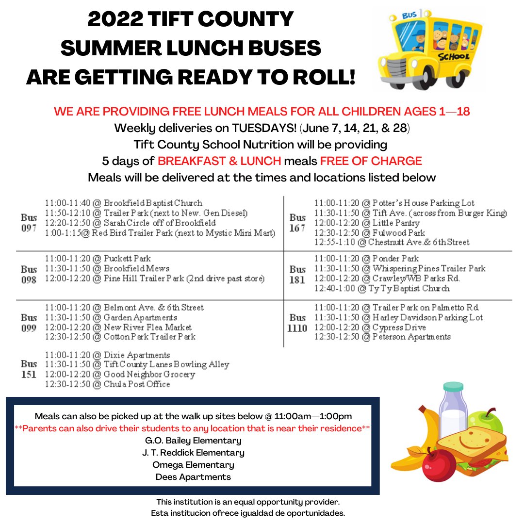 IT'S ALMOST TIME! Tift County School Nutrition Summer Feeding begins next week. Meals will be available for pick-up or by bus delivery on Tuesdays during June. See the schedule for pickup locations and bus routes and times.