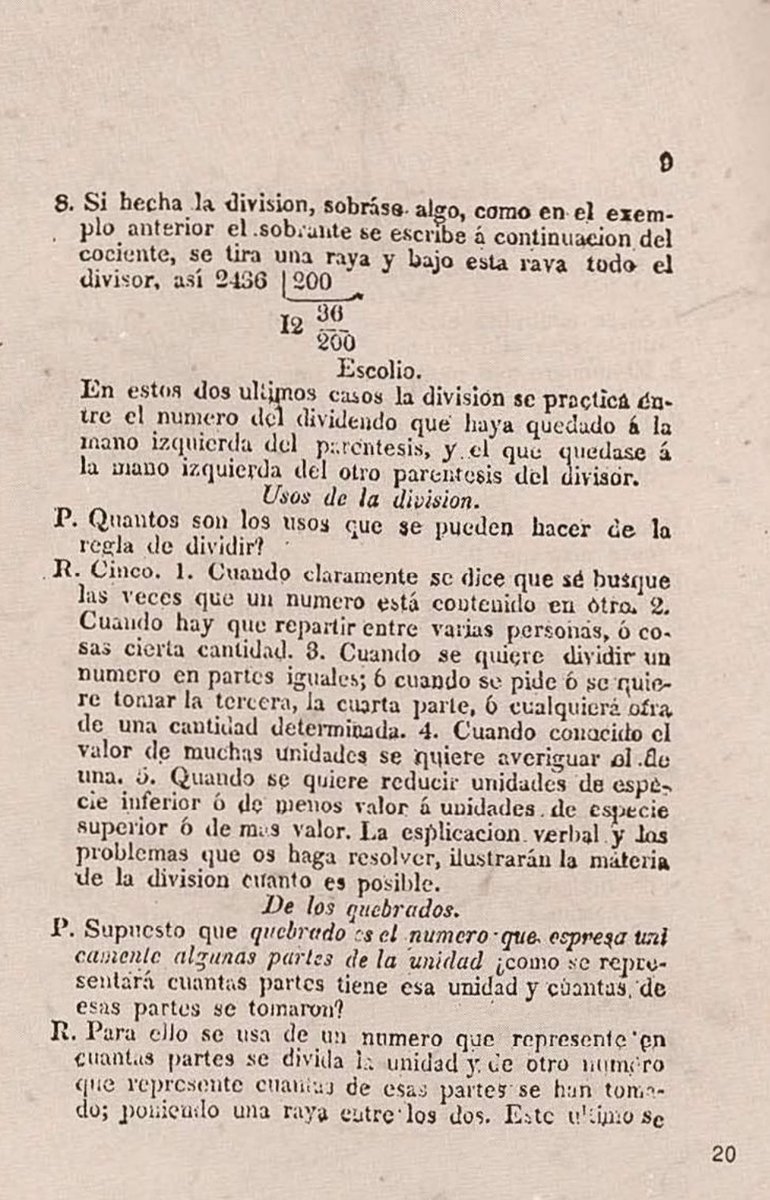La división.
Enseñar aritmética en la escuela primaria.
Año 1830.
Casi 200 años después
¿Qué ha cambiado?
"Cero al cociente y bajo la cifra siguiente".

!ah espera! "Es que así aprenden luego los polinomios mejor". En fin...