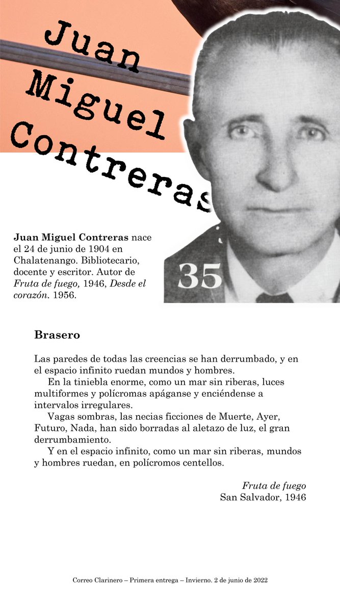 CClarinero's tweet photo. #CorreoClarinero
#IEntrega #Año2
#LiteraturaSalvadoreña
#PoesíaSalvadoreña
#JuanMiguelContreras
#PoetasdeChalatenango
#Junio2022 https://t.co/g2U7PLng46