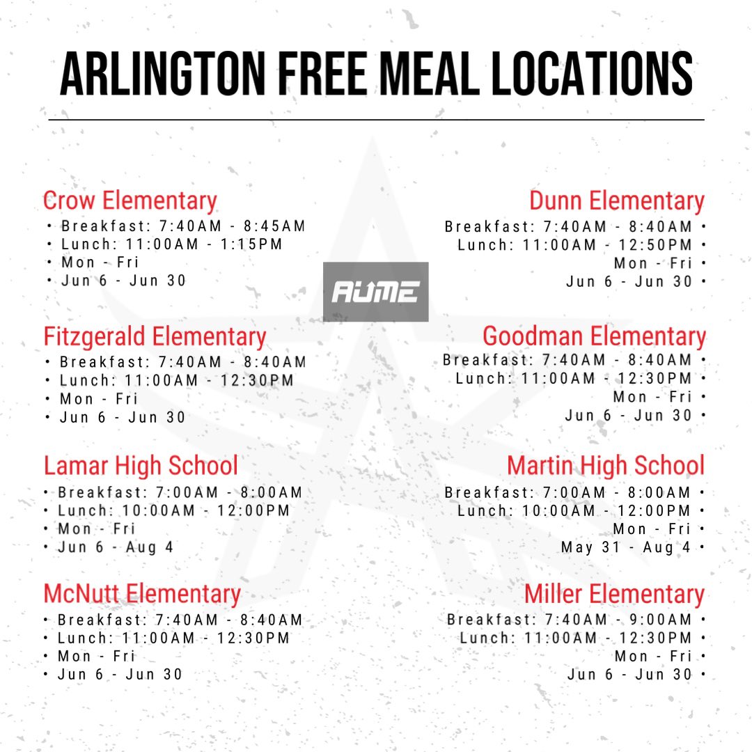 Arlington ISD (Texas) is offering FREE MEAL for students/families in need all summer long.

See photos below for participating locations + dates/times

Text “Food” or “Comida” to 304-304 to find a location near you.

RETWEET/SHARE to help someone!