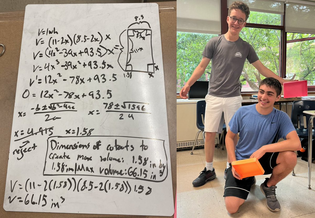 MrValencia24's tweet photo. Ss: When are we going to use optimization?
Me: Right now!! Take a sheet of printing paper (8.5 x 11 in) cut out squares from each corner to make an open-top box with the greatest possible volume #WeAreChappaqua

#MathPlay #MTBoS #ITeachMath #MathisFun #MathChat #Math #Maths #STEM https://t.co/YuUqdMBpal