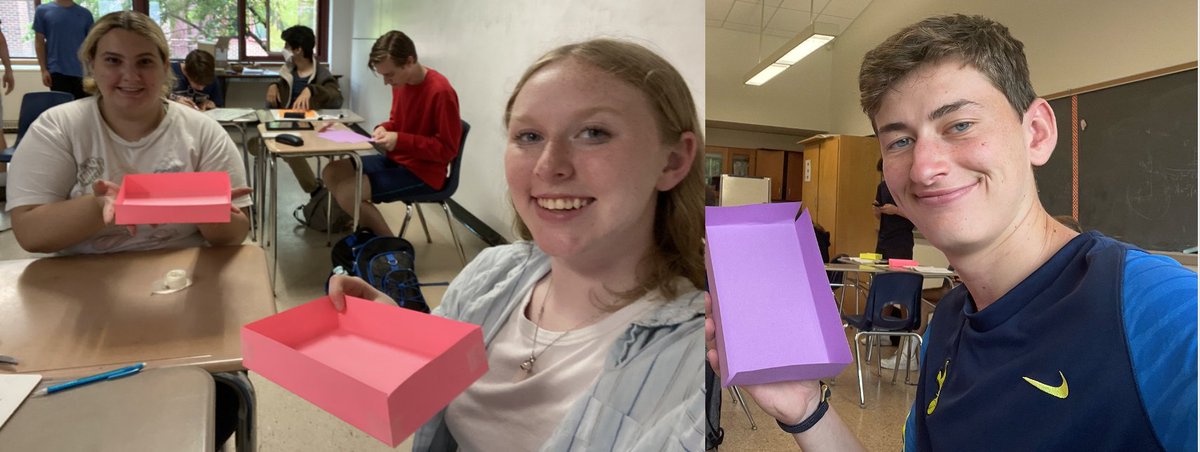MrValencia24's tweet photo. Ss: When are we going to use optimization?
Me: Right now!! Take a sheet of printing paper (8.5 x 11 in) cut out squares from each corner to make an open-top box with the greatest possible volume #WeAreChappaqua

#MathPlay #MTBoS #ITeachMath #MathisFun #MathChat #Math #Maths #STEM https://t.co/YuUqdMBpal